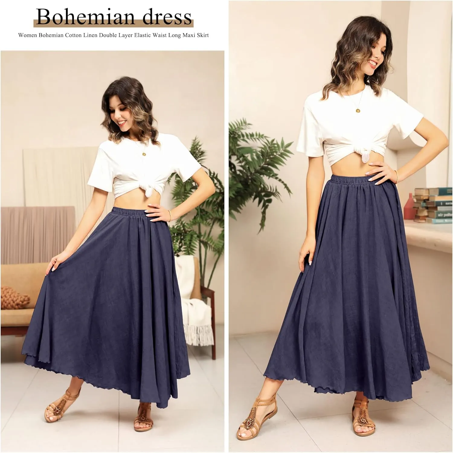 Ezcosplay Women Bohemian Beach A-Line Dress Double Layer Elastic Waist Long Maxi Skirt