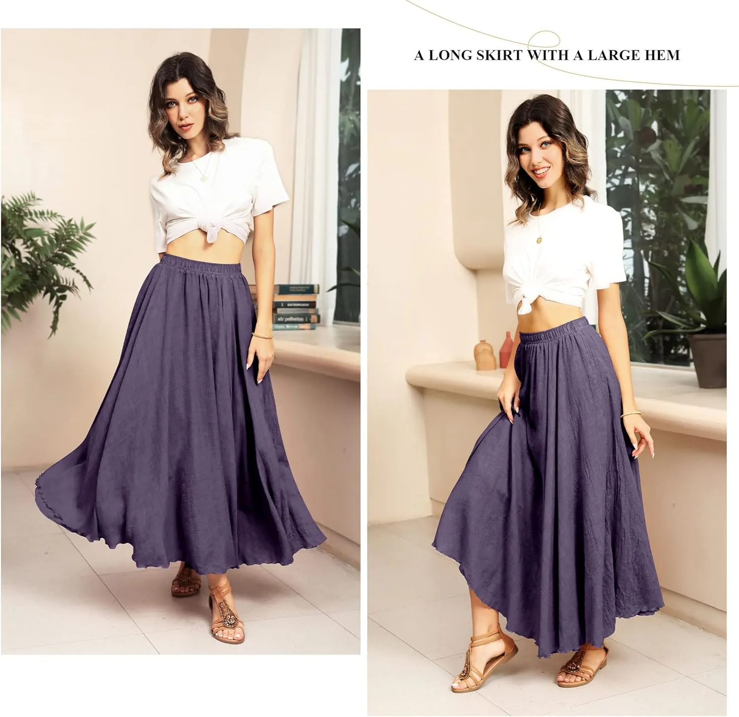 Ezcosplay Women Bohemian Beach A-Line Dress Double Layer Elastic Waist Long Maxi Skirt