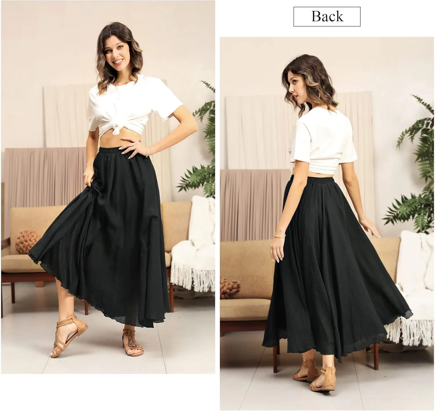 Ezcosplay Women Bohemian Beach A-Line Dress Double Layer Elastic Waist Long Maxi Skirt