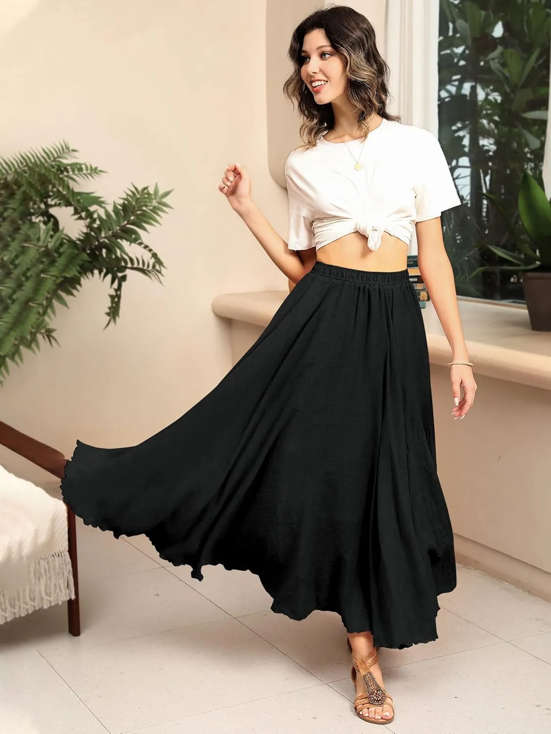 Ezcosplay Women Bohemian Beach A-Line Dress Double Layer Elastic Waist Long Maxi Skirt