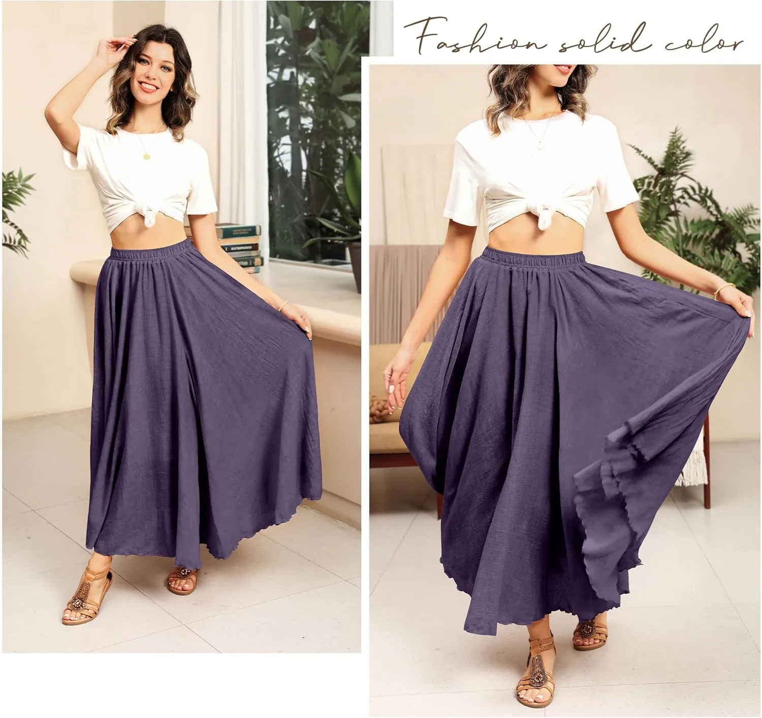 Ezcosplay Women Bohemian Beach A-Line Dress Double Layer Elastic Waist Long Maxi Skirt