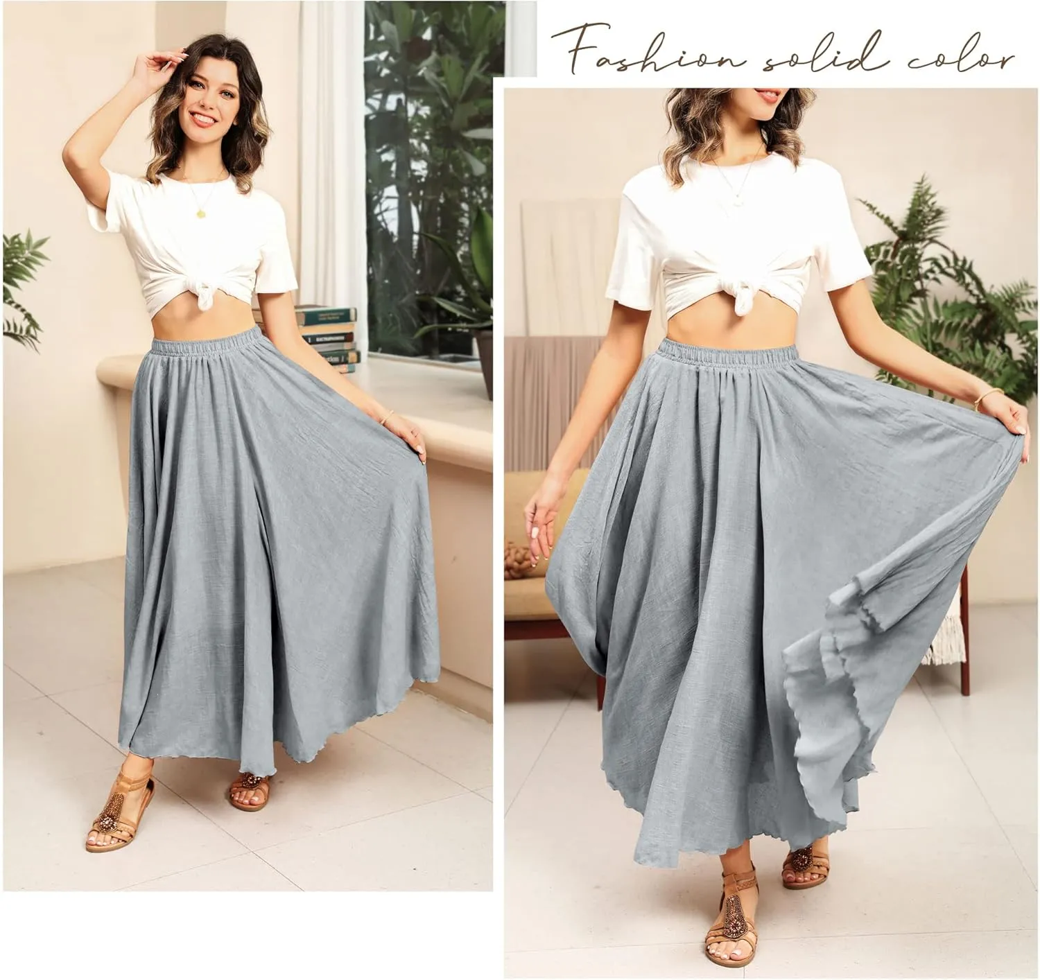 Ezcosplay Women Bohemian Beach A-Line Dress Double Layer Elastic Waist Long Maxi Skirt