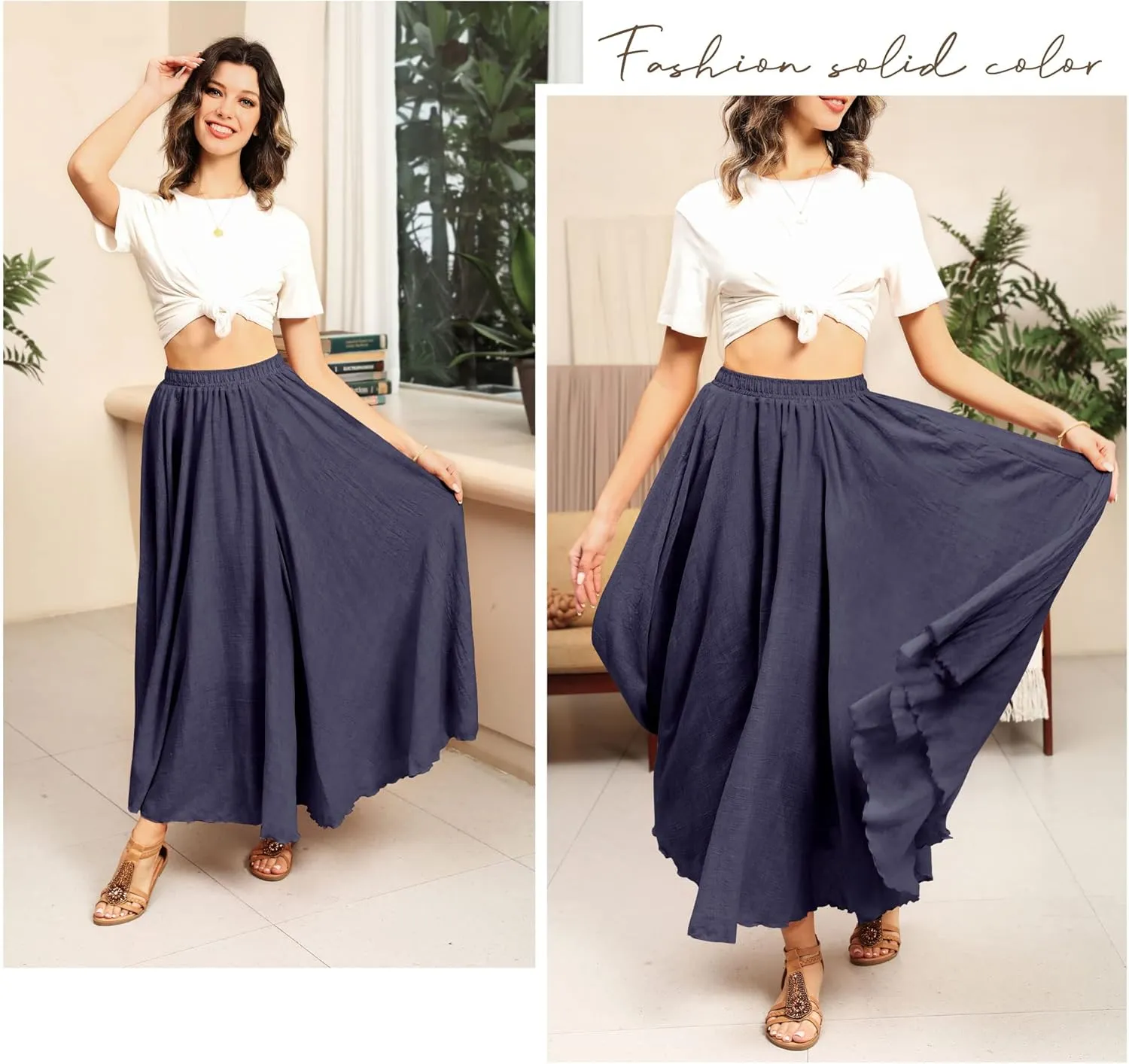 Ezcosplay Women Bohemian Beach A-Line Dress Double Layer Elastic Waist Long Maxi Skirt