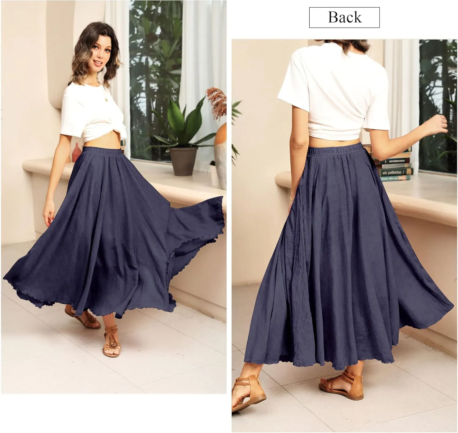 Ezcosplay Women Bohemian Beach A-Line Dress Double Layer Elastic Waist Long Maxi Skirt