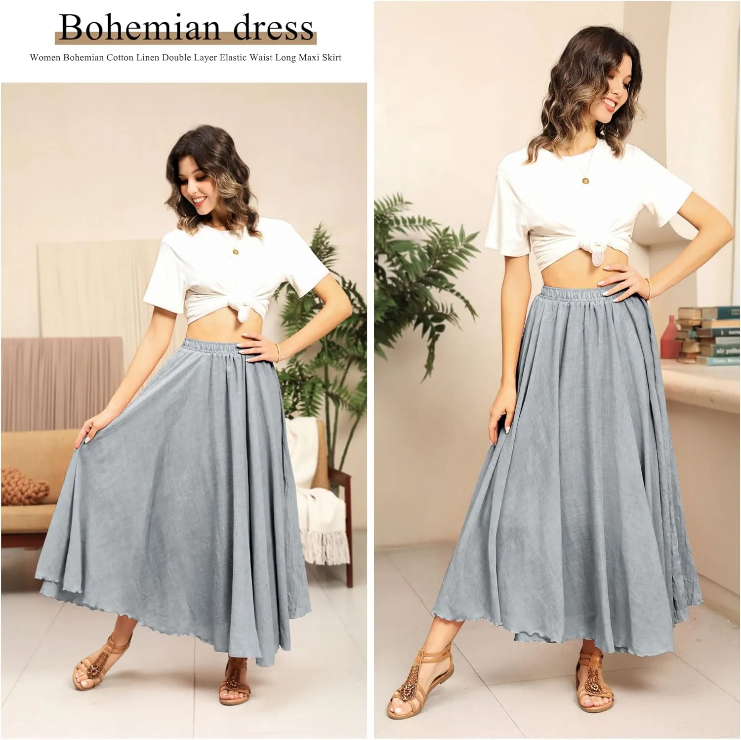 Ezcosplay Women Bohemian Beach A-Line Dress Double Layer Elastic Waist Long Maxi Skirt