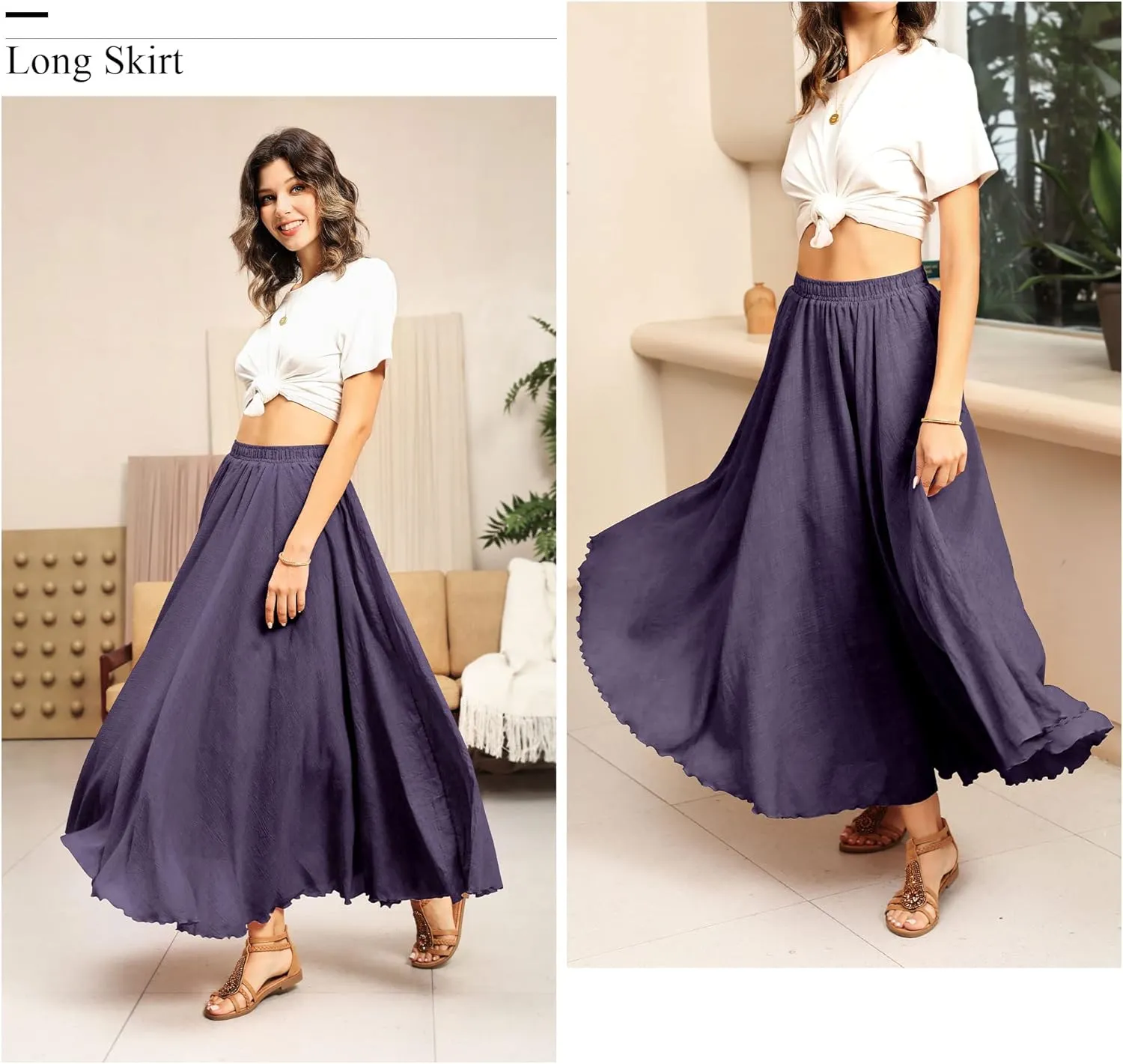 Ezcosplay Women Bohemian Beach A-Line Dress Double Layer Elastic Waist Long Maxi Skirt