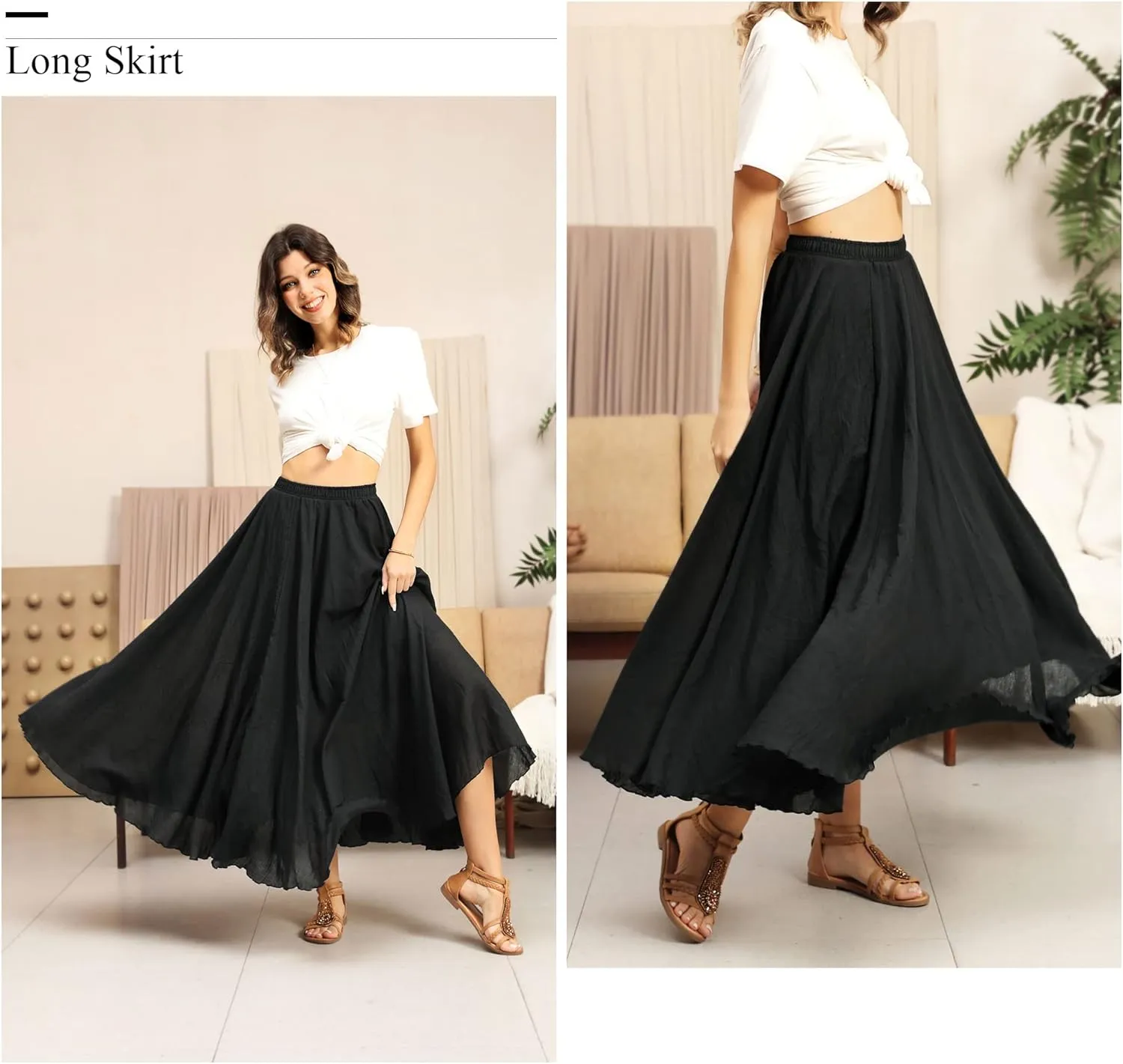 Ezcosplay Women Bohemian Beach A-Line Dress Double Layer Elastic Waist Long Maxi Skirt