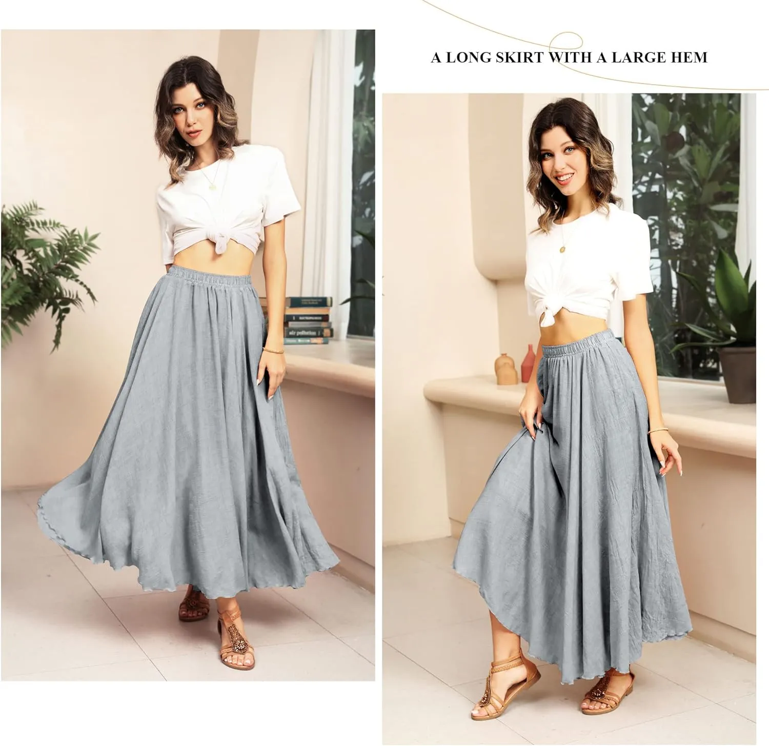 Ezcosplay Women Bohemian Beach A-Line Dress Double Layer Elastic Waist Long Maxi Skirt