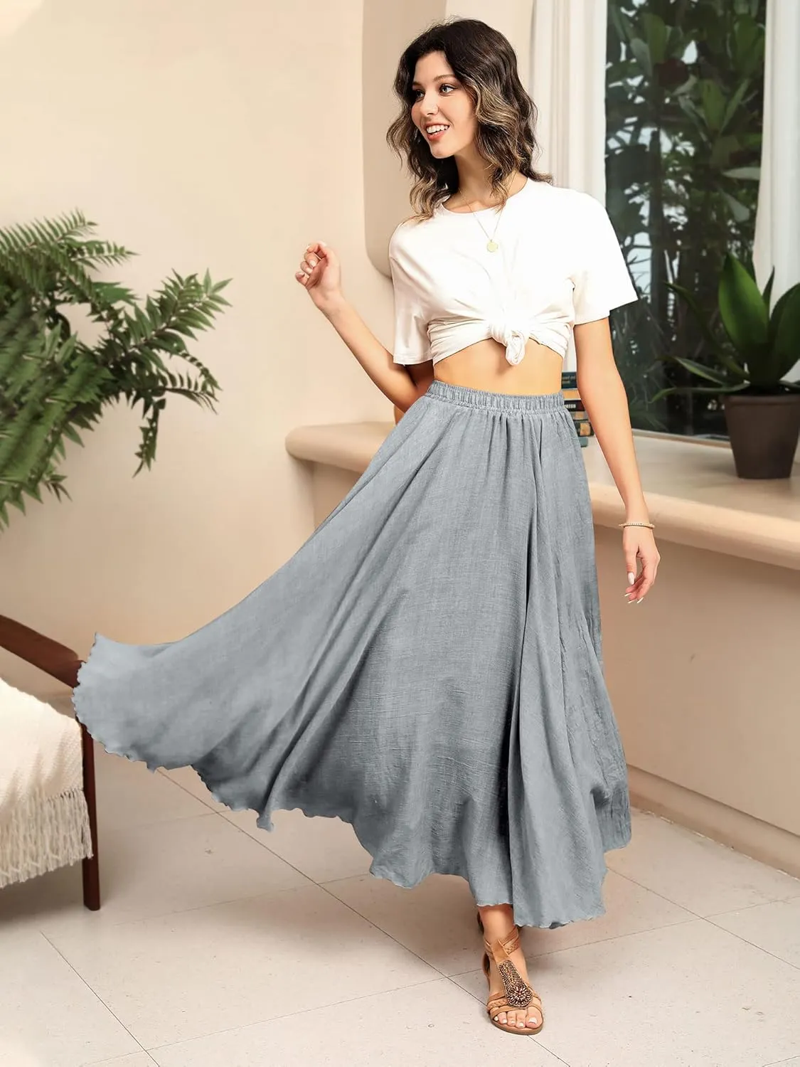 Ezcosplay Women Bohemian Beach A-Line Dress Double Layer Elastic Waist Long Maxi Skirt