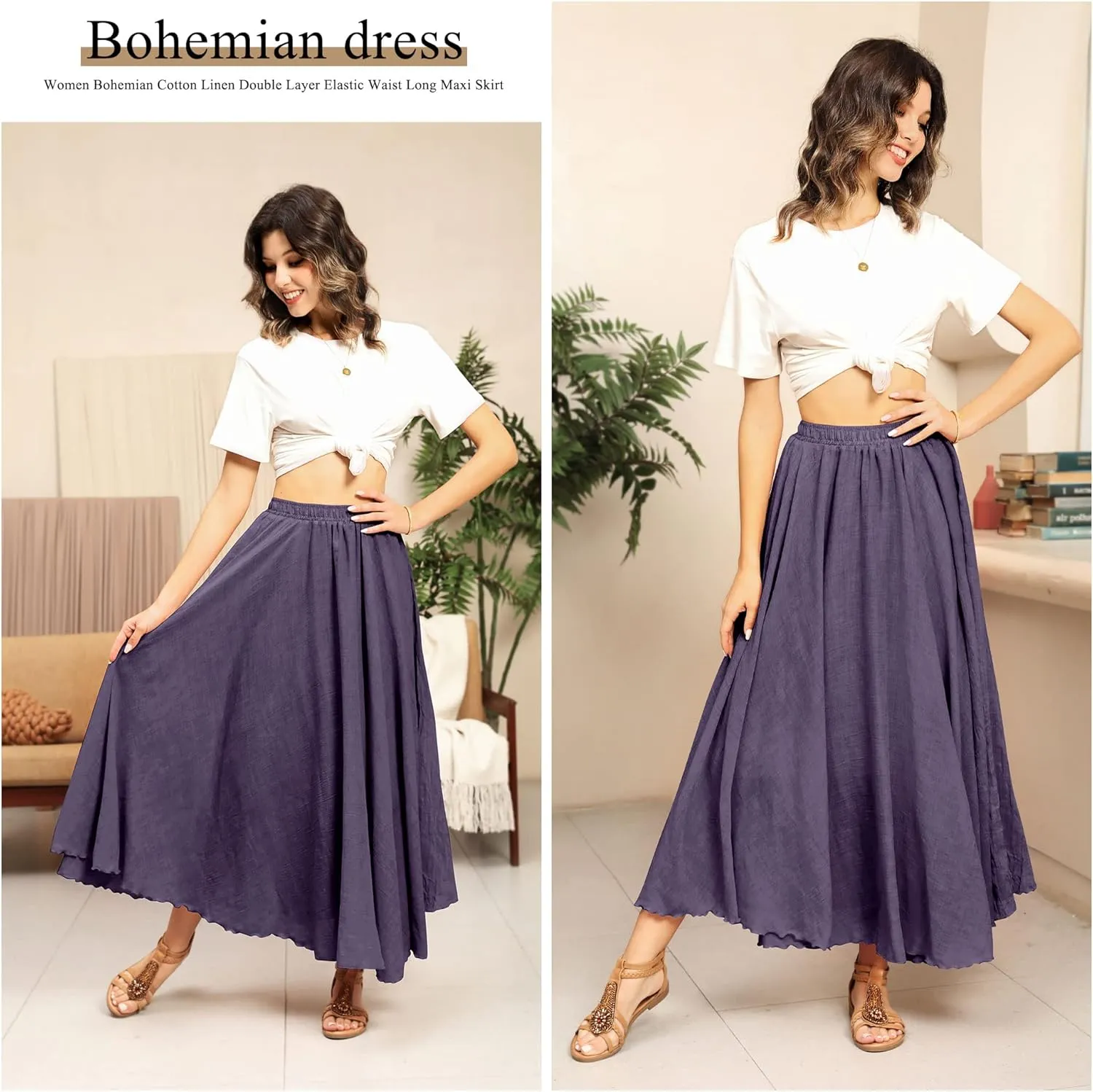 Ezcosplay Women Bohemian Beach A-Line Dress Double Layer Elastic Waist Long Maxi Skirt