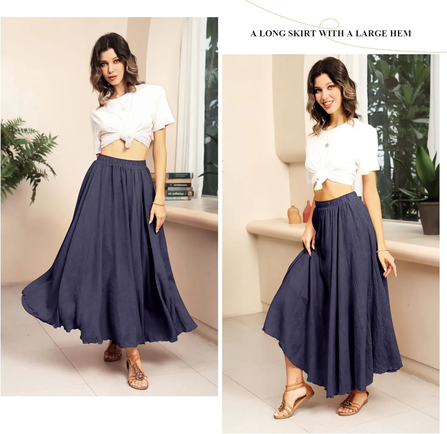 Ezcosplay Women Bohemian Beach A-Line Dress Double Layer Elastic Waist Long Maxi Skirt