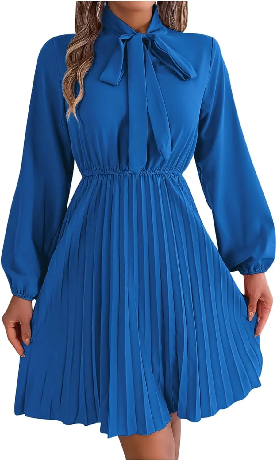 Fall Flowy Dresses for Women Elegant Bow tie Pleated Mini Dresses Empire Waist Long Sleeve Casual Shift Dresses