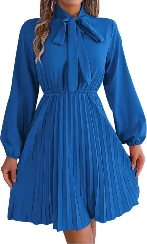 Fall Flowy Dresses for Women Elegant Bow tie Pleated Mini Dresses Empire Waist Long Sleeve Casual Shift Dresses