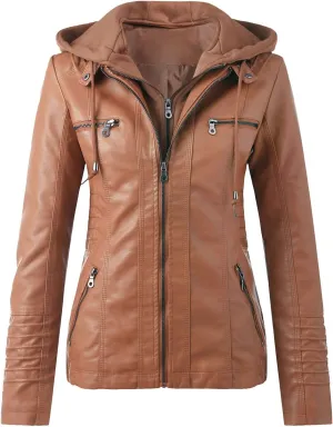 Faux Leather Jacket for Women Drawstring Zipper Pocket Long Sleeve Detachable Hood Slim Fit Motorcycle Biker Coat Top