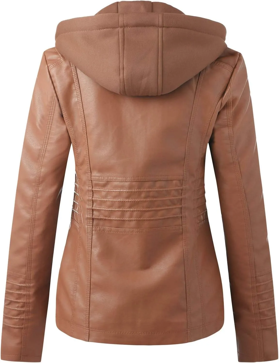 Faux Leather Jacket for Women Drawstring Zipper Pocket Long Sleeve Detachable Hood Slim Fit Motorcycle Biker Coat Top