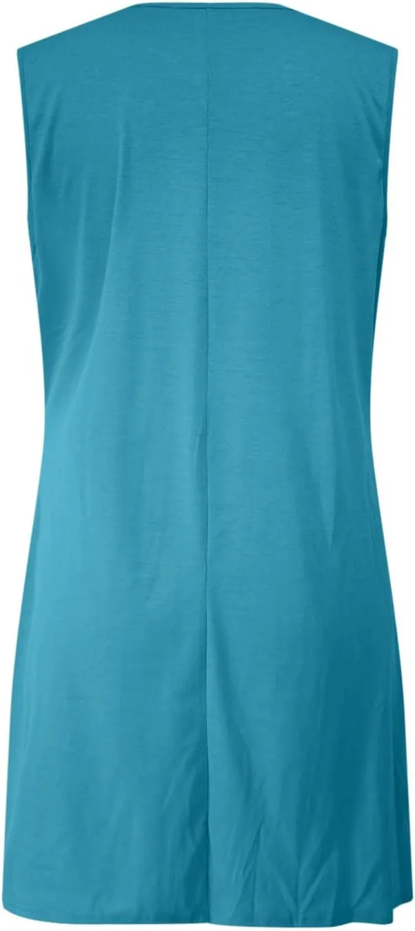 Finelylove Womens Summer Dresses Sleeveless Keyhole Ruched Sundresses Ruffle Flowy A Line Mini Beach Dress with Pockets