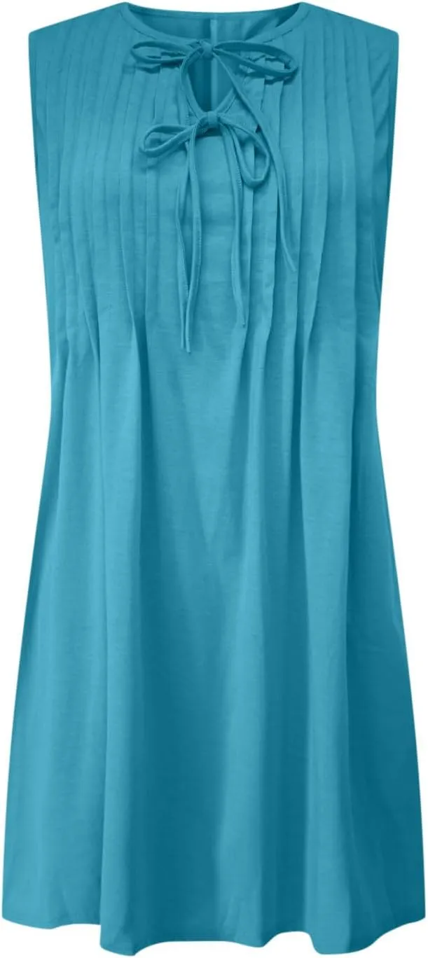 Finelylove Womens Summer Dresses Sleeveless Keyhole Ruched Sundresses Ruffle Flowy A Line Mini Beach Dress with Pockets