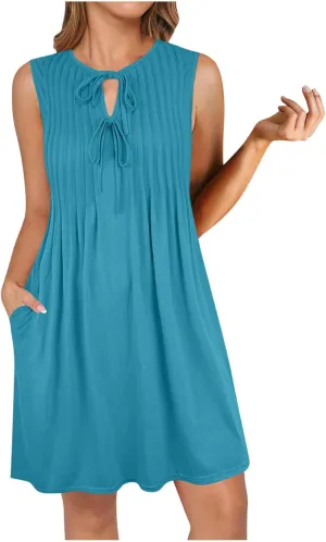 Finelylove Womens Summer Dresses Sleeveless Keyhole Ruched Sundresses Ruffle Flowy A Line Mini Beach Dress with Pockets