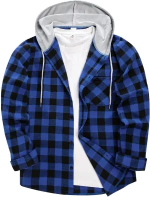 Flannel Hoodie for Mens Casual Long Sleeve Button Down Hooded Plaid Shirt Jacket Lightweight Fall Shacket Hoodies