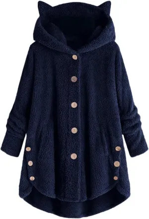 Fleece Hooded Jacket Women,2023 Winter Warm Fuzzy Cute cat Ear Hoodies Sweatshirt Oversized Coat with Pockets