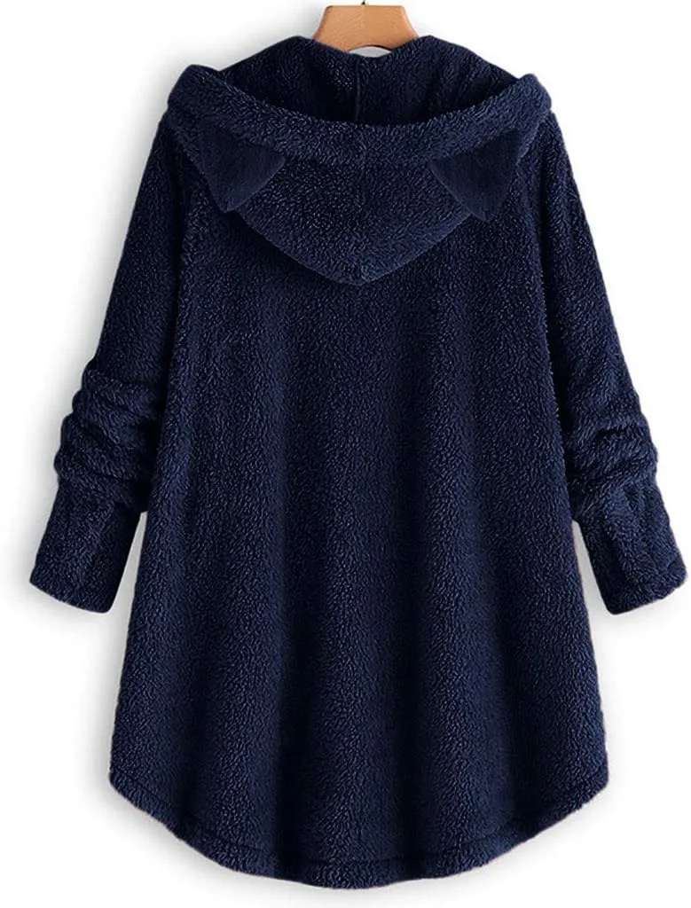 Fleece Hooded Jacket Women,2023 Winter Warm Fuzzy Cute cat Ear Hoodies Sweatshirt Oversized Coat with Pockets