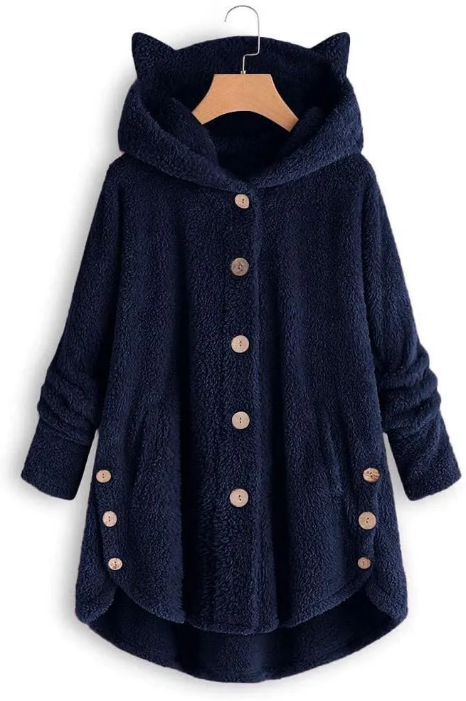Fleece Hooded Jacket Women,2023 Winter Warm Fuzzy Cute cat Ear Hoodies Sweatshirt Oversized Coat with Pockets