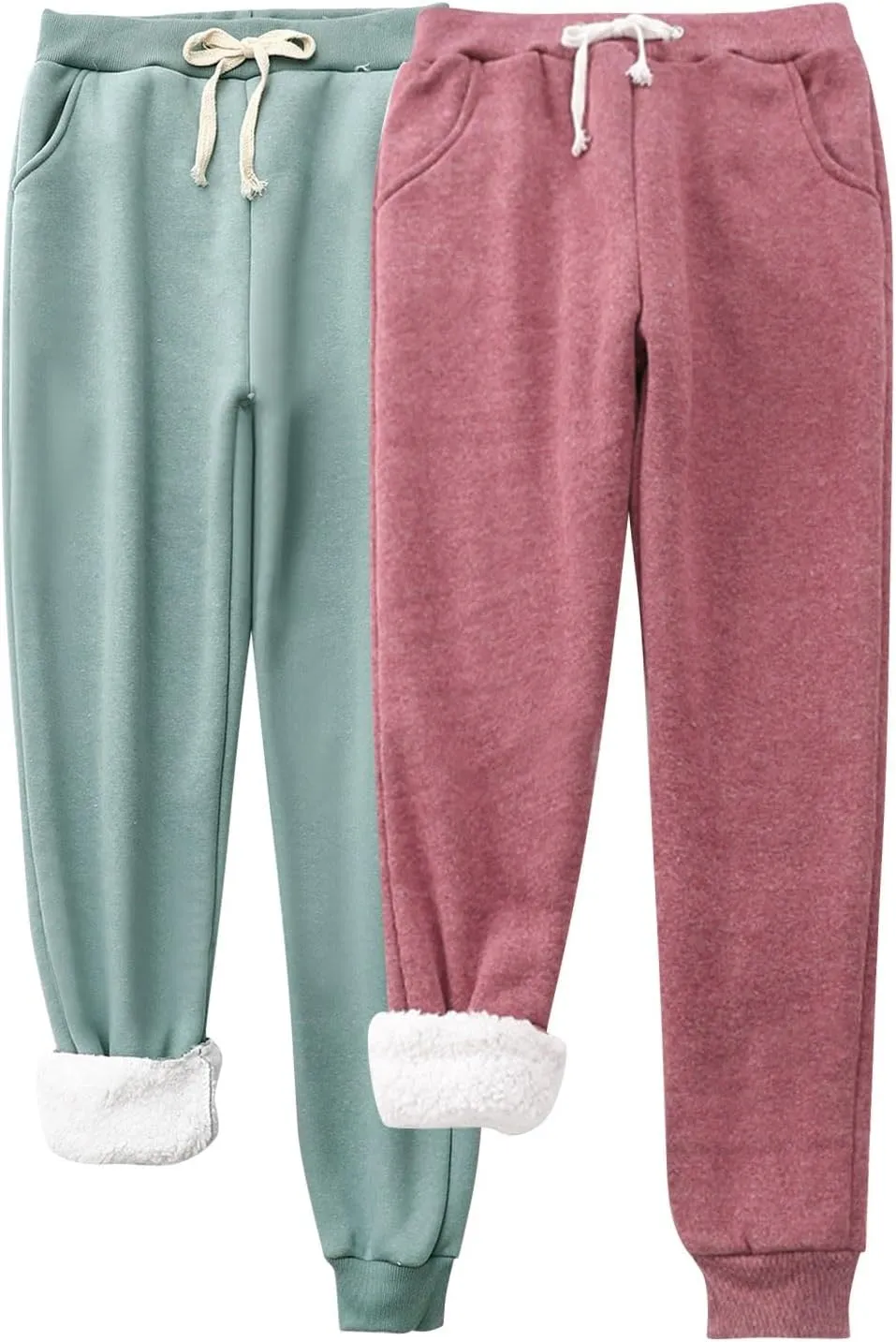 Fleece Lined Pants Women with Pockets Keep Warm Trousers Pants High Waist Stretchy Lined Thermal Full Fleece Pants
