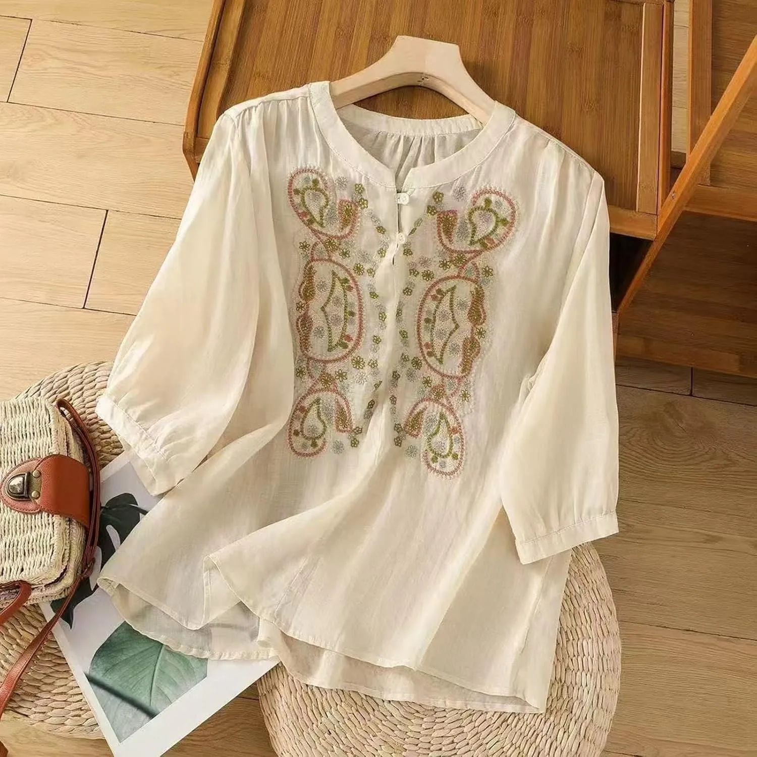 Floral Embroidered Tops for Women Cotton Linen Shirts Boho Ethnic Style Peasant 3/4 Sleeve V Neck Button Tunic Tshirt