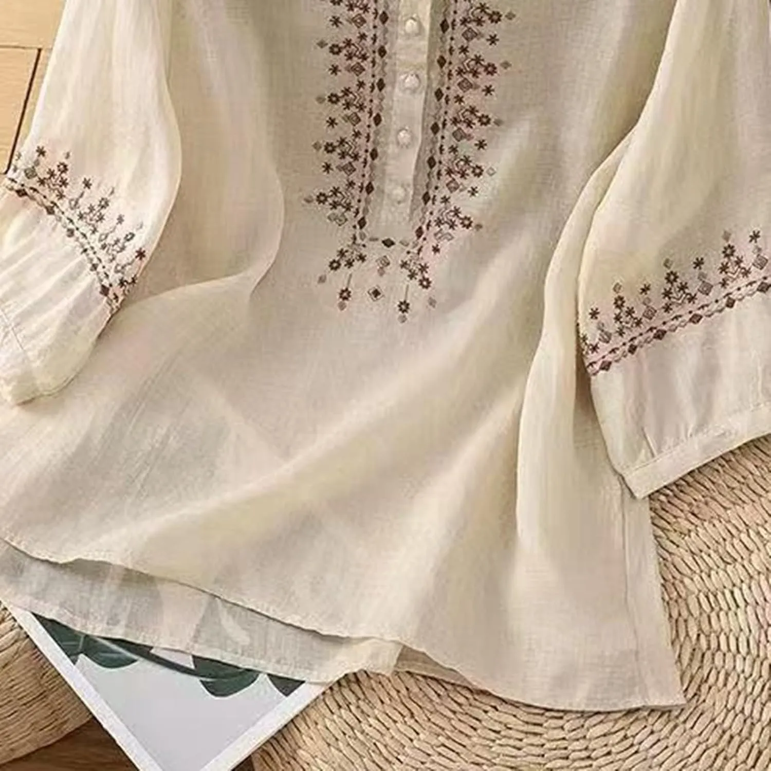 Floral Embroidered Tops for Women Cotton Linen Shirts Boho Ethnic Style Peasant 3/4 Sleeve V Neck Button Tunic Tshirt