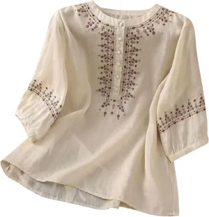Floral Embroidered Tops for Women Cotton Linen Shirts Boho Ethnic Style Peasant 3/4 Sleeve V Neck Button Tunic Tshirt