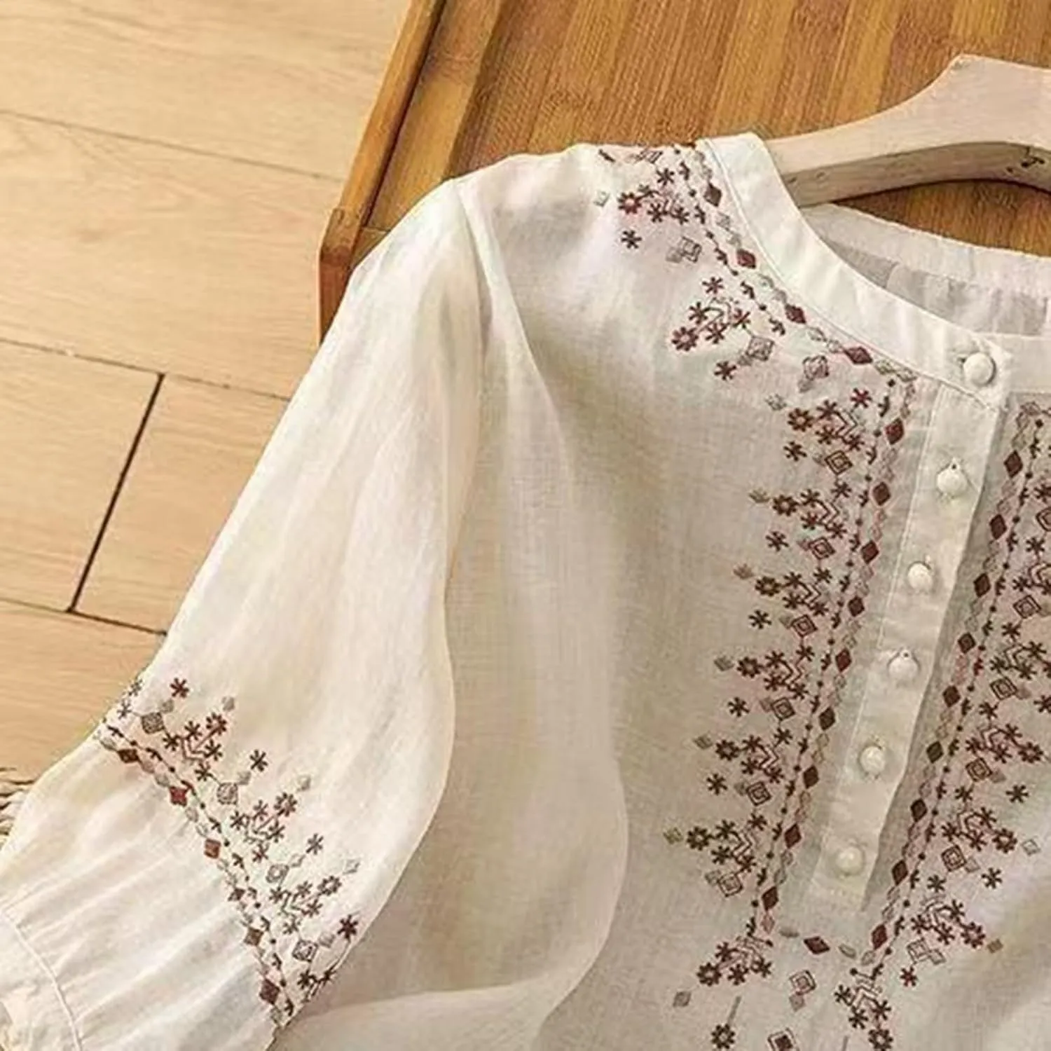 Floral Embroidered Tops for Women Cotton Linen Shirts Boho Ethnic Style Peasant 3/4 Sleeve V Neck Button Tunic Tshirt
