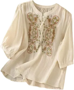 Floral Embroidered Tops for Women Cotton Linen Shirts Boho Ethnic Style Peasant 3/4 Sleeve V Neck Button Tunic Tshirt