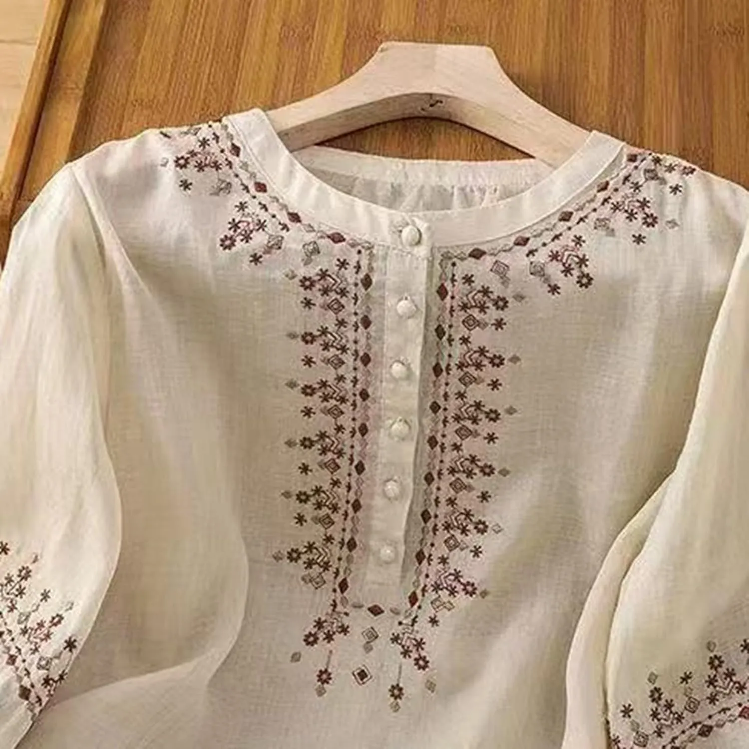 Floral Embroidered Tops for Women Cotton Linen Shirts Boho Ethnic Style Peasant 3/4 Sleeve V Neck Button Tunic Tshirt