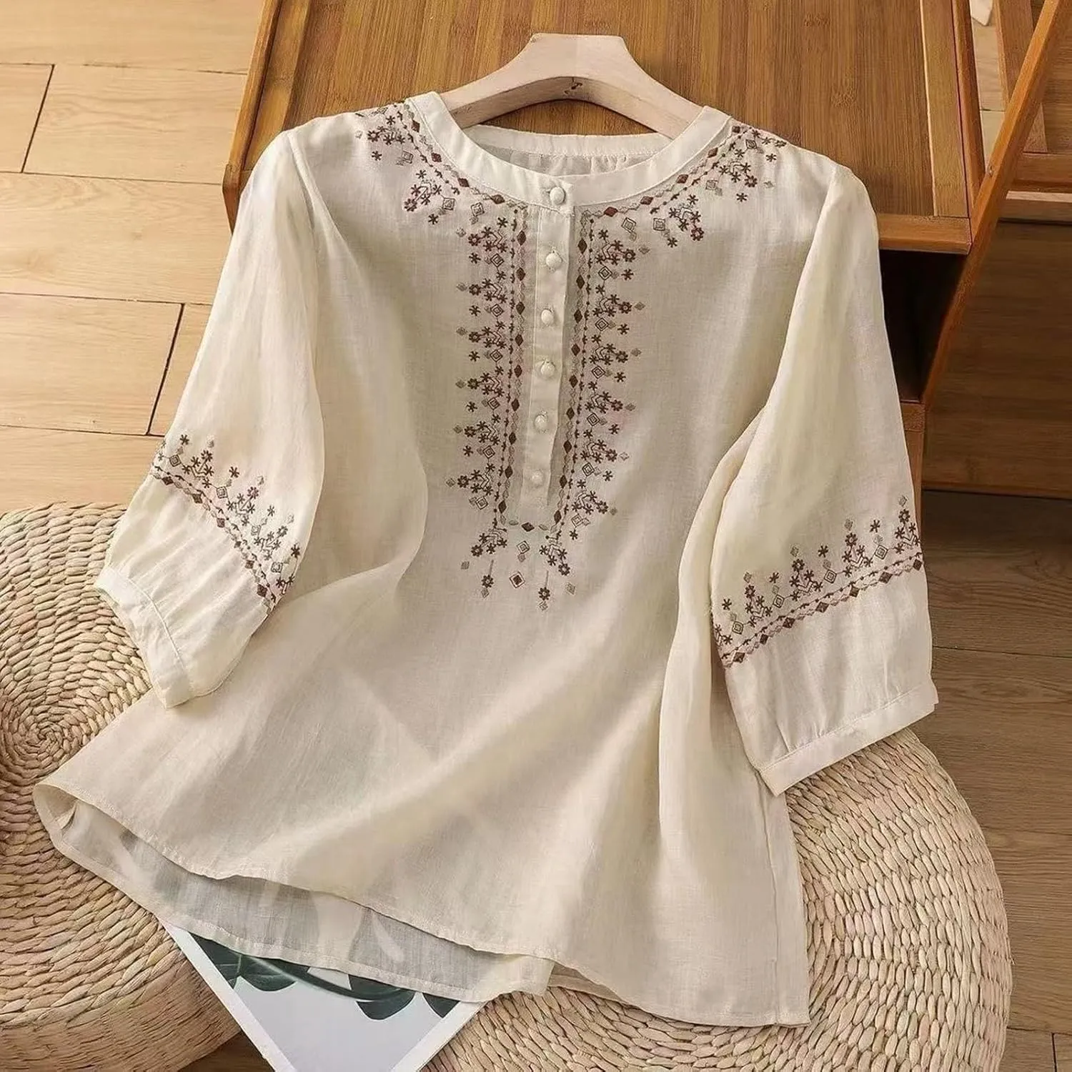 Floral Embroidered Tops for Women Cotton Linen Shirts Boho Ethnic Style Peasant 3/4 Sleeve V Neck Button Tunic Tshirt
