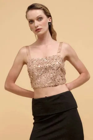 Floral sequins straight neck crop top Floral sequins straight neck crop top