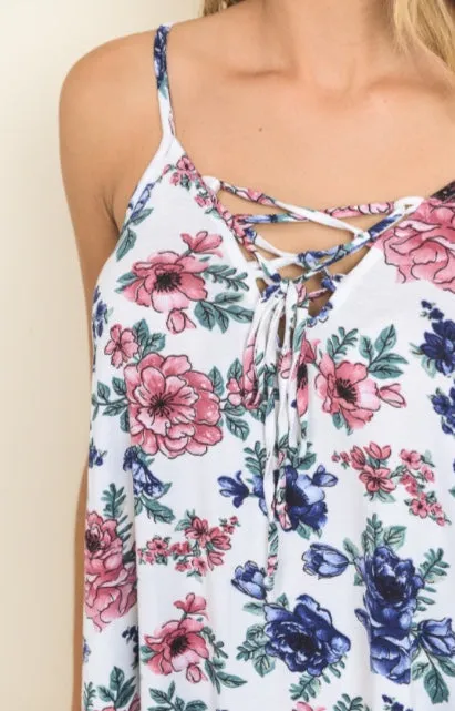 Floral Sleeveless Spaghetti Strap Top Ruffle Hem