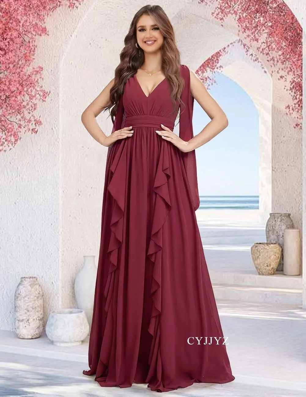 Flowy Chiffon Bridesmaid Dresses for Women Wedding V Neck Ruffles Pleated Formal Dress Long Evening Gowns