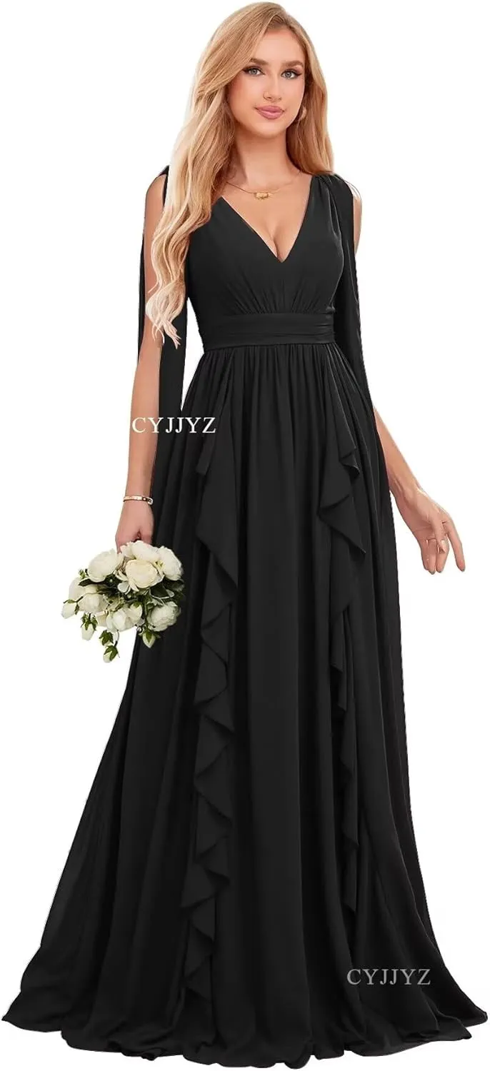 Flowy Chiffon Bridesmaid Dresses for Women Wedding V Neck Ruffles Pleated Formal Dress Long Evening Gowns