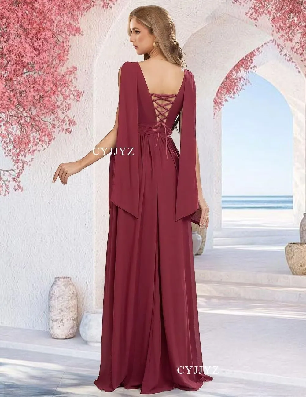 Flowy Chiffon Bridesmaid Dresses for Women Wedding V Neck Ruffles Pleated Formal Dress Long Evening Gowns