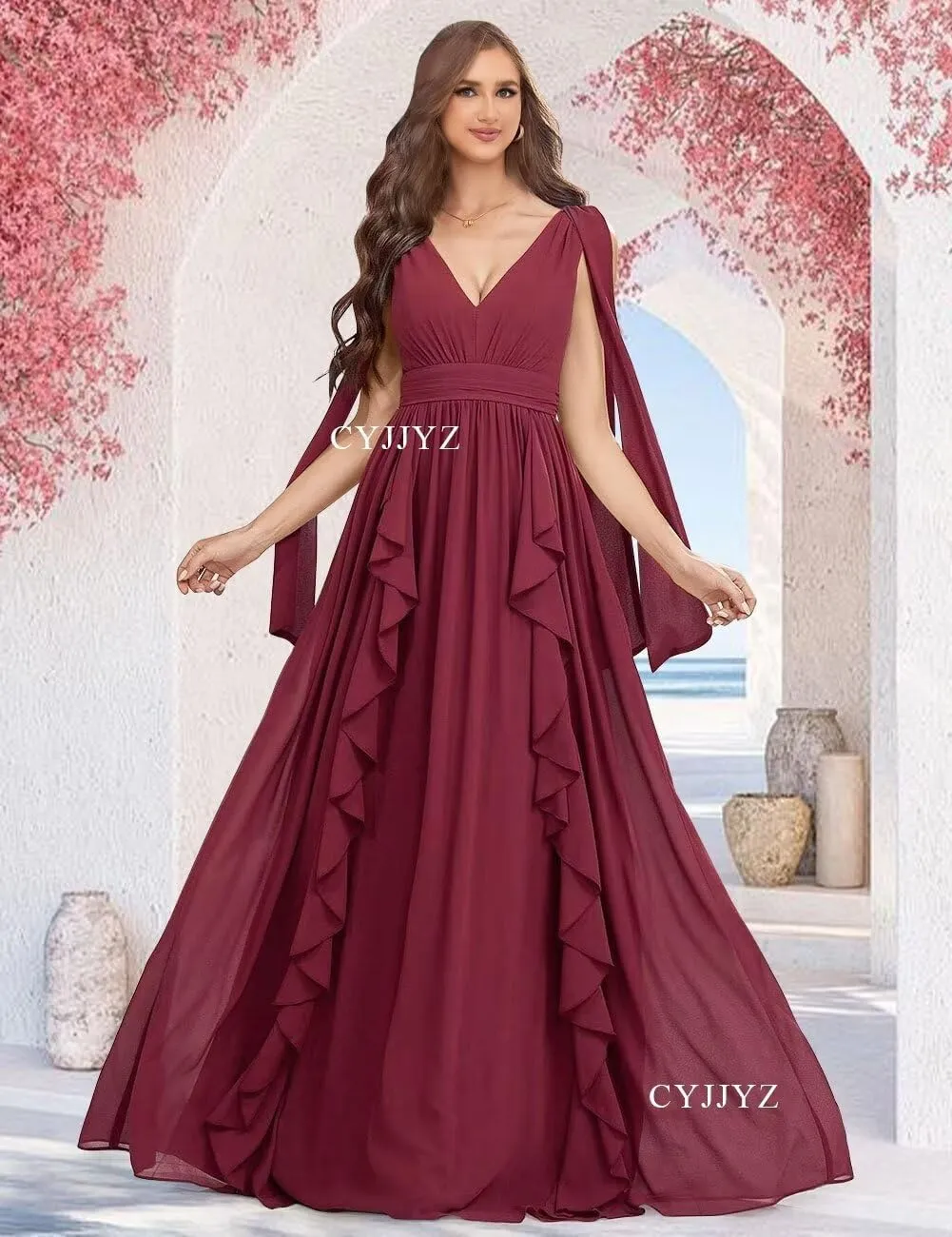 Flowy Chiffon Bridesmaid Dresses for Women Wedding V Neck Ruffles Pleated Formal Dress Long Evening Gowns