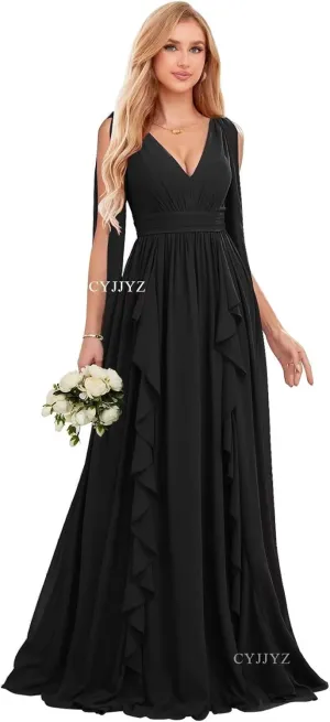 Flowy Chiffon Bridesmaid Dresses for Women Wedding V Neck Ruffles Pleated Formal Dress Long Evening Gowns