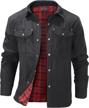 Flygo Mens Flannel Lined Shirt Jacket Vintage Snap Button Western Jacket Rugged Outdoor Cowboy Shirts Jackets