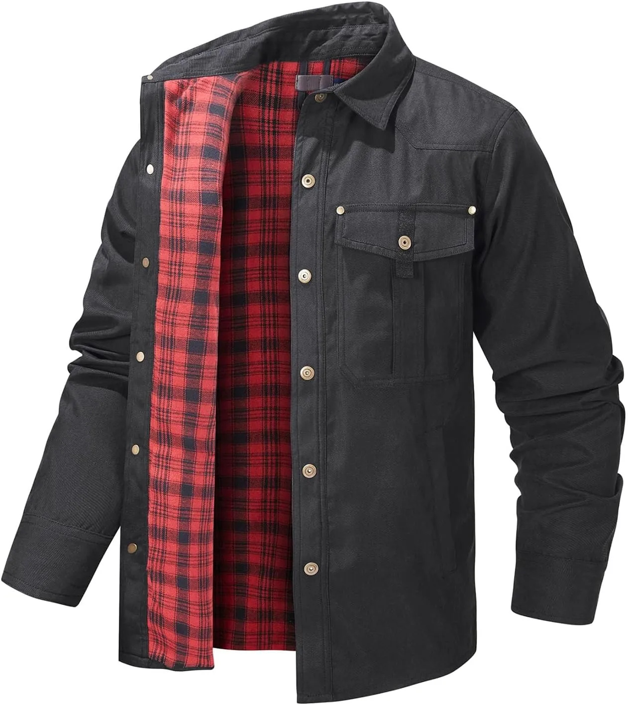 Flygo Mens Flannel Lined Shirt Jacket Vintage Snap Button Western Jacket Rugged Outdoor Cowboy Shirts Jackets