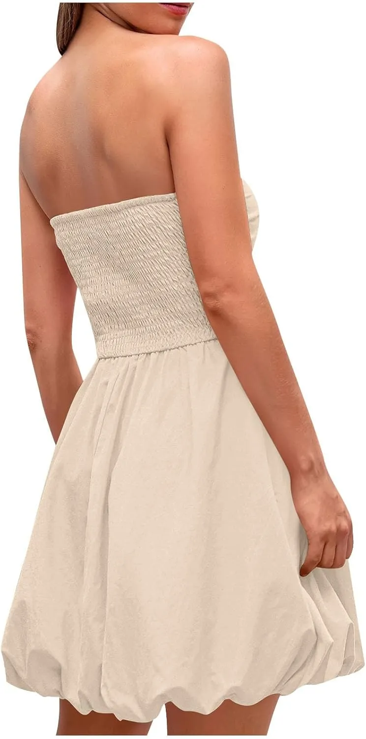 FZYLQY Women's Tube Top Dress 2025 Summer Casual Smocked A Line Sundress Trendy Strapless Bubble Short Mini Dresses