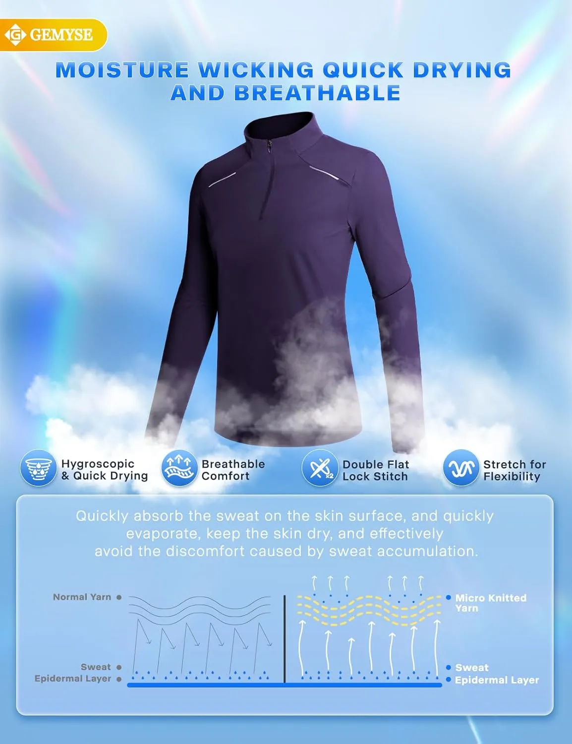 GEMYSE Women's 1/4 Zip Pullover Shirts Long Sleeve Workout Tops Quick Dry Casual Rash Guard Shirts
