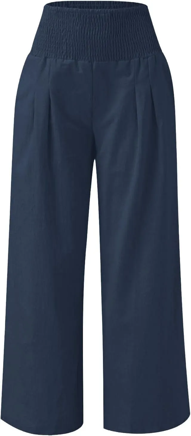 Girls Linen Palazzo Pants Casual High Waist Pants Wide Leg Trousers Summer Beach Vacation Travel Long Pant Outfits