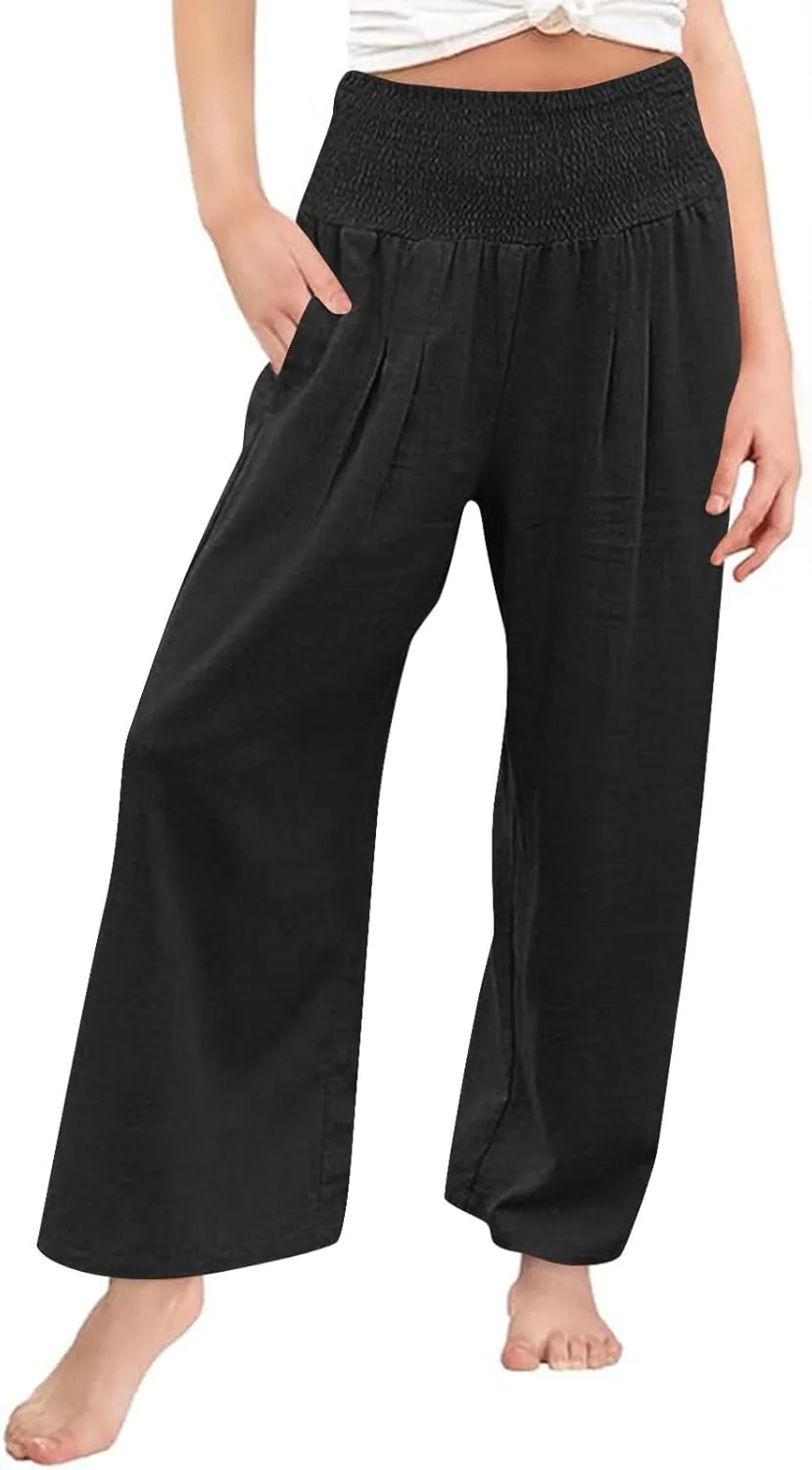 Girls Linen Palazzo Pants Casual High Waist Pants Wide Leg Trousers Summer Beach Vacation Travel Long Pant Outfits