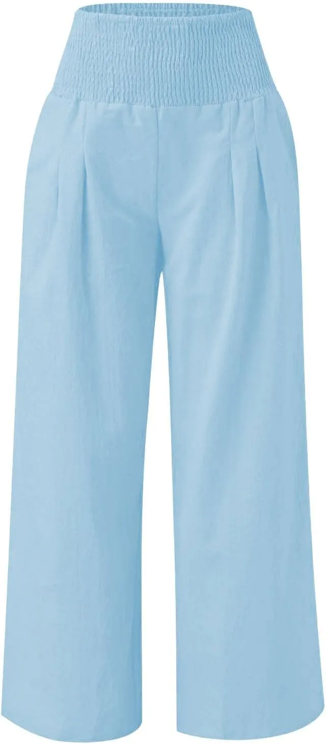 Girls Linen Palazzo Pants Casual High Waist Pants Wide Leg Trousers Summer Beach Vacation Travel Long Pant Outfits
