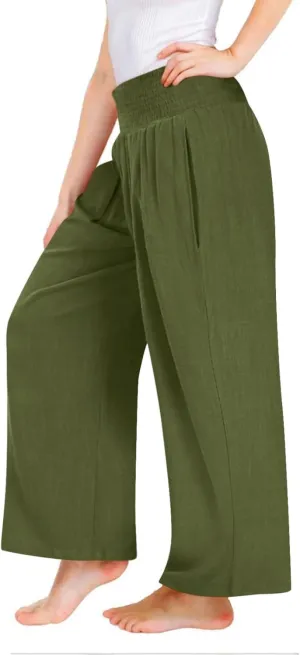 Girls Linen Palazzo Pants Casual High Waist Pants Wide Leg Trousers Summer Beach Vacation Travel Long Pant Outfits