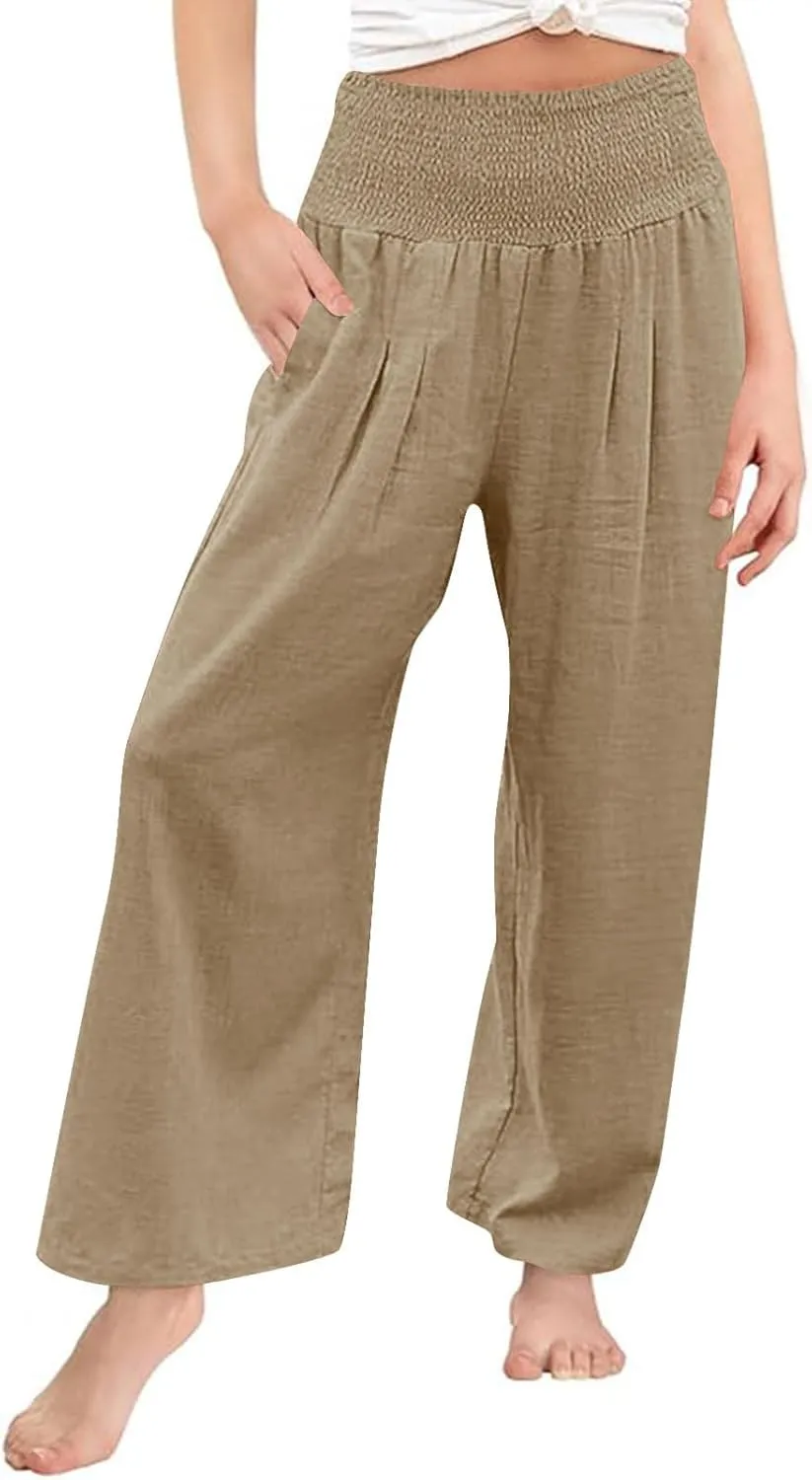 Girls Linen Palazzo Pants Casual High Waist Pants Wide Leg Trousers Summer Beach Vacation Travel Long Pant Outfits
